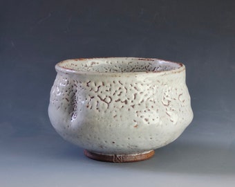 Ceramic Tea Bowl with Crawling White Shino Glaze - Handmade Studio Ceramics