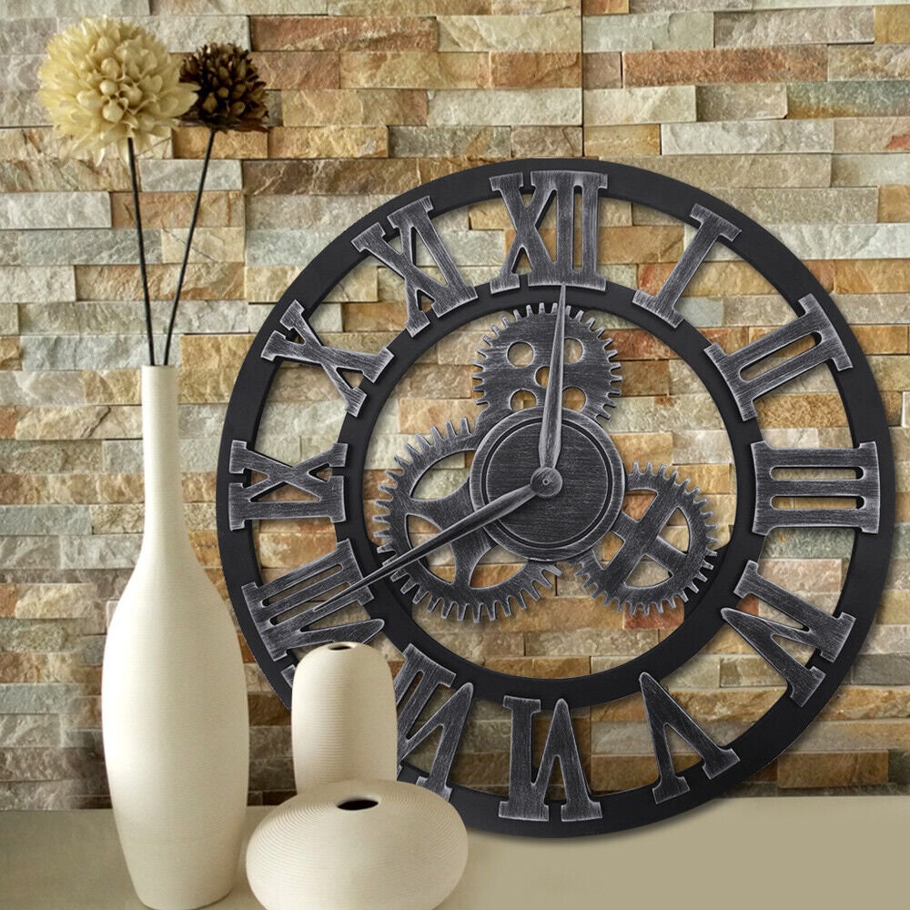 Vintage 3D Gear Wall Clock Decor Outdoor Large Silent Non-ticking Roman ...