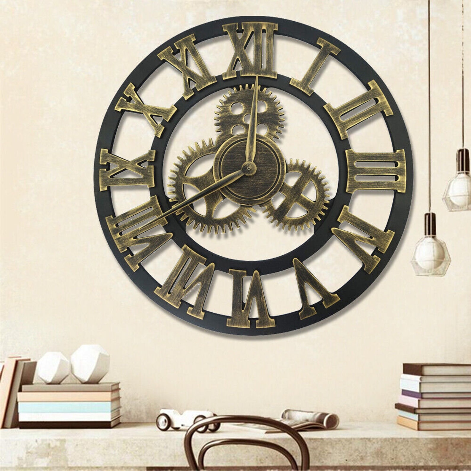 Vintage 3D Gear Wall Clock Decor Outdoor Large Silent Non-ticking Roman ...