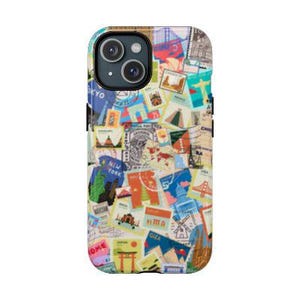 Estuche para teléfono con collage de sellos postales de MugSafe Traveller, estuche estético vintage, diseño de mosaico hecho a mano, iPhone 14, 15, 16 Pro Max