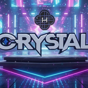 Puede incluir: La palabra "CRYSTAL" en 3D, blanco y gris se muestra en una plataforma gris oscuro. El fondo es una escena futurista iluminada con neón con luces rosas, azules y moradas. Un logotipo negro y gris está encima de la palabra.