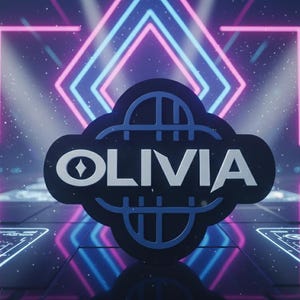 May include: A dark blue logo with the name "OLIVIA" in white, set against a neon-lit background of pink and blue geometric shapes. The logo has a decorative border and a diamond shape within the "O".