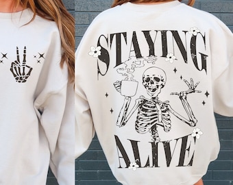 Skeleton Coffee SVG: Staying Alive Clipart, Trendy PNG Designs (Digital Download)