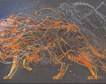 May include: A detailed artwork depicting a lion in a walking pose, rendered with a dot-like technique. The lion's mane and body are a mix of orange, yellow, and white dots, set against a dark gray background. The artwork has a unique, geometric style.