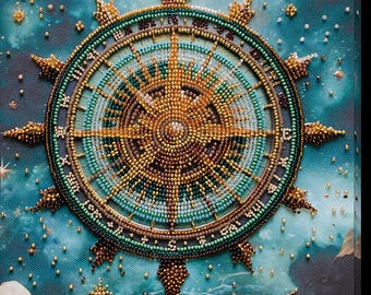 Op de afbeelding: Een gedetailleerd, met kralen bewerkt kompasroosontwerp in goud, teal en bruin tinten. Het kunstwerk is geplaatst tegen een blauwe, sterrenhemel achtergrond met gouden accenten. De kompasroos is het middelpunt, met ingewikkeld kralenwerk en een hemels thema.
