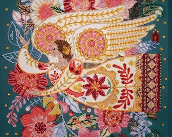 May include: A detailed, beaded artwork featuring a central angel figure with white wings and a flowing garment. The angel is surrounded by a vibrant array of pink, red, and white flowers, set against a teal background. Gold accents and beads add shimmer.
