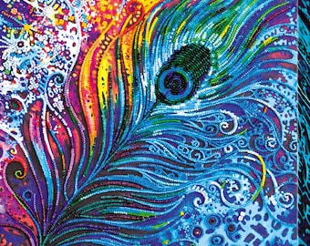 Op de afbeelding: Een levendig, kleurrijk kunstwerk met een pauwenveerontwerp. De veer is weergegeven in tinten blauw, groen, geel en rood, met ingewikkelde details. De achtergrond heeft een mix van patronen en kleuren, wat een psychedelisch effect creëert. Het kunstwerk staat op een vierkant canvas.