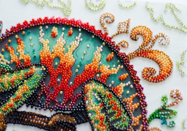 Bead Embroidery Kit “chameleon” | DIY Beaded Art on Natural Canvas ...