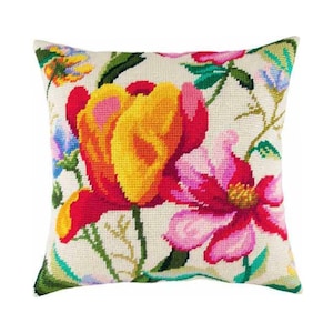 May include: Square decorative pillow with a floral needlepoint design. The pillow features large flowers in shades of red, yellow, and pink, with green leaves and stems against a cream-colored background. The needlepoint stitches create a textured appearance.