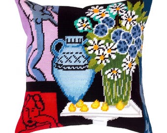 Kit cuscino fai da te a punto croce "Camomilla" Tela stampata, Kit mezzo punto croce, Kit cuscino arazzo, Kit ricamo, dimensioni 40 x 40 cm