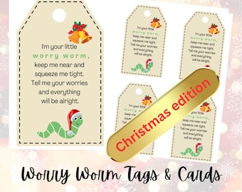 Worry Worm Tags & Worry Worm Cards Christmas Design Printable Tags for Crochet Worry Worm Poem 2 Sizes Worry Worm Poem Tags Printable Labels