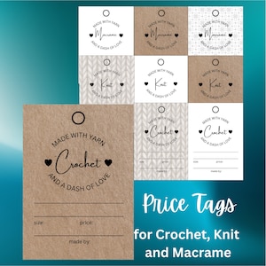 Puede incluir: Un conjunto de etiquetas de precio imprimibles para artículos de crochet, tejido de punto y macramé. Las etiquetas son marrones con texto blanco y tienen un círculo con un agujero para una cuerda. El texto en las etiquetas dice "Hecho con hilo [tipo de artesanía] y una pizca de amor".