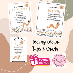 Worry Worm Tags & Worry Worm Cards Printable Tags für gehäkelte Worry Worm Poem 3 Größen druckbare Etiketten Printable PDF Neutral Boho Design
