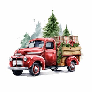Vintage Red Truck Christmas PNG: Watercolor Holiday Design (Digital Download)