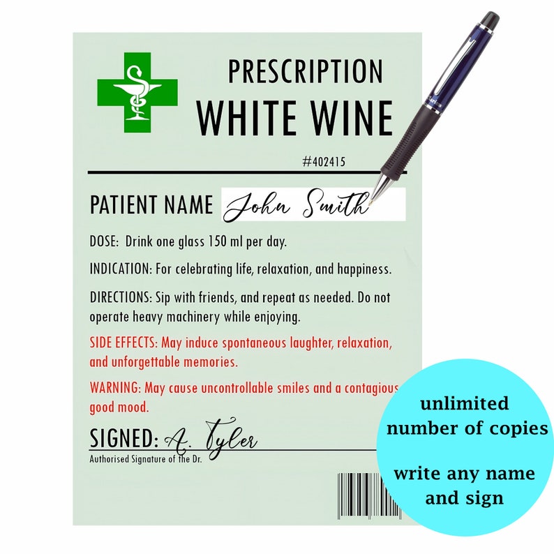 Prescription Wine Bottle Label PNG, Personalised Funny Gift for ...