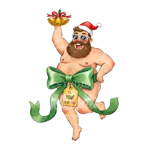 Puede incluir: Ilustración de dibujos animados de una persona con gorro de Papá Noel y gafas de sol, sosteniendo campanas. Un gran lazo verde cubre la parte inferior del cuerpo, con una etiqueta que dice "TO: YOU! FROM: ME!".