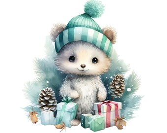 May include: A white bear wearing a blue and white striped hat with a white pom pom. The bear is surrounded by pine branches and presents wrapped in blue, red, and green paper.
