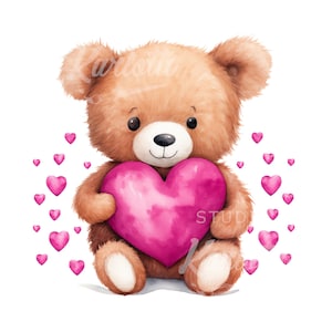 Puede incluir: Un oso de peluche marrón sosteniendo una almohada rosa en forma de corazón. El oso está sentado sobre un fondo blanco con corazones rosas esparcidos a su alrededor.