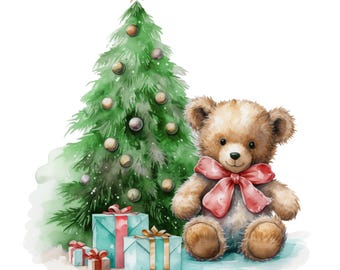 透明なテディベア昇華デザインPNG付きクリスマスツリー：赤ちゃんの