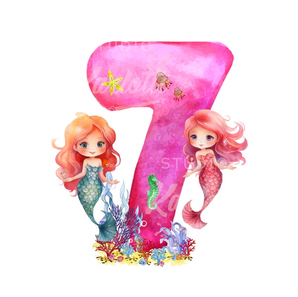 Mermaid PNG, Mermaid 7th Birthday, Clip Art PNG, Sublimation Design, Instant Digital Download