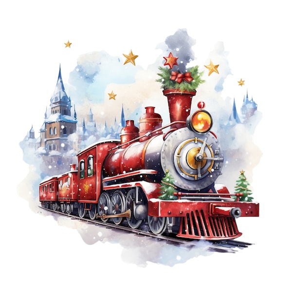May include: A red vintage steam train with a Christmas wreath on the front, traveling through a snowy winter landscape with a small town in the background.
