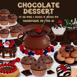 3D Chocolate Dessert Clipart: Handmade Food Graphics (Digital Download PNG)
