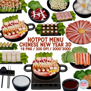 Chinees eten menu Hot Pot voor Chinees Nieuwjaar 3D Clipart handgetekende 18 PNG, Instant download, Commercieel gebruik