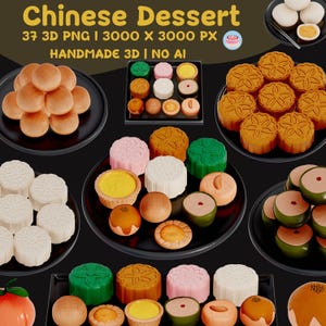 Chinese Dessert 3D 37 Clipart PNG | Digital Download | Mooncake Tart Food Graphics | Handmade No AI