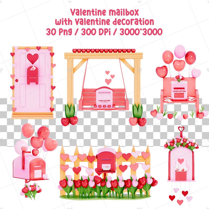 Valentine Mailbox Clipart: 3D Hand-drawn Pngs (instant Download) - Etsy