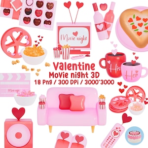 バレンタイン映画の夜の装飾とデザートのクリップアート3D 18 PNG、即時ダウンロード、商用利用