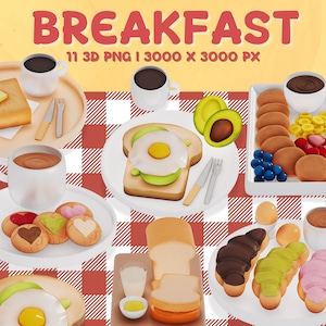 Breakfast Clipart Bundle | 11 Cute 3D PNG Illustrations | for Morning Social Media, Digital Planner Stickers, & Scrapbooking | No AI