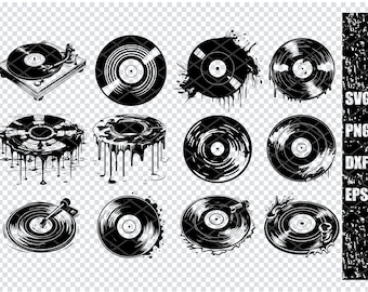 May include: A set of ten black and white vector illustrations of vinyl records. The illustrations include a record player, a record with dripping paint, and a record with a grunge effect.