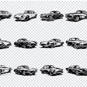 May include: A set of ten black and white silhouette illustrations of classic cars. The cars are all different makes and models, and they are all facing forward. The illustrations are in a vintage style.