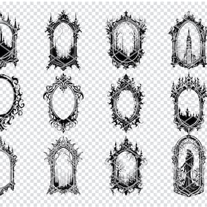 ヴィンテージ ゴシック ミラー SVG、Cricut 用中世ミラー SVG ファイル、アンティーク ミラー クリップアート、レーザー カット ファイル