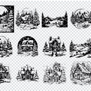 SCENA DI NATALE INVERNALE Svg, file Svg di paesaggio della casa natalizia per Cricut, clipart di scena invernale festosa, file tagliati al laser
