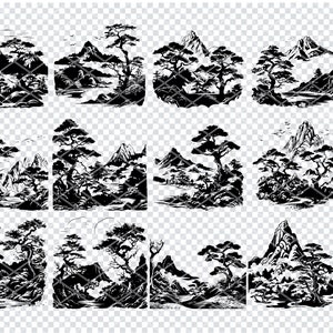 ARBRES DE MONTAGNE ASIATIQUE Svg, fichiers Svg de montagne asiatique tropicale pour Cricut, Clipart paysage asiatique, fichiers découpés au Laser