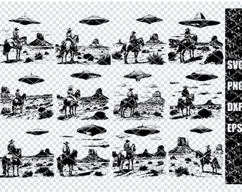 UFO and Cowboy Digital Print, Sci-Fi Western Art, Alien and Cowboy Poster, Surreal Wall Art, Science Fiction Printable Décor