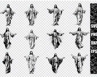 May include: A set of 10 black and white line art illustrations of Jesus Christ in various poses with his arms outstretched.