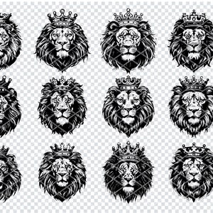 王冠付きライオン SVG、Cricut 用ライオン クラウン キング SVG ファイル、ロイヤル ライオン ヘッド クリップアート、レーザー カット ファイル
