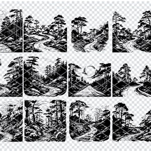 WOODLAND FOREST ROAD svg, Waldweg-Svg-Dateien für Cricut, Wildnisstraße Landschaft Clipart, Laser-Schnitt-Dateien