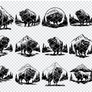 BISON MOUNTAIN SVG, Svg de pin à feuilles persistantes, Svg de bison sauvage, Svg de montagne et de bison, Bison coupé des fichiers pour Cricut