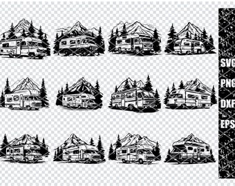 CAMPER CARAVAN SVG, Camper Clipart, Camping Svg, Camper Svg Cortar archivos para Cricut, Montaña Svg
