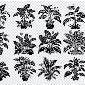 May include: A set of 12 black and white silhouette illustrations of potted plants. The plants are all different types of leafy plants, with some having flowers. The illustrations are in a simple, minimalist style.