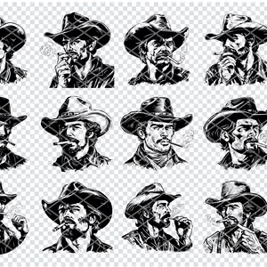 Könnte beinhalten: Ein Satz von zwölf Schwarzweißillustrationen von Cowboys, die Hüte tragen und Zigaretten rauchen. Die Cowboys sind im Vintage-Stil gezeichnet.