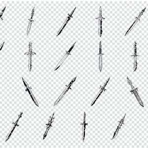May include: A set of 18 black and white illustrations of various swords and daggers. The illustrations are drawn in a vintage style and are perfect for use in digital or print projects.