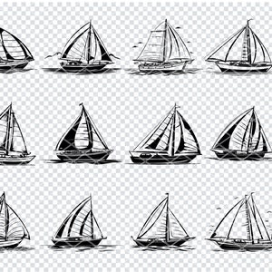 Pode incluir: Um conjunto de 12 desenhos em preto e branco de veleiros. Os veleiros são desenhados em um estilo simples e minimalista. Todos estão orientados na mesma direção e têm a mesma forma básica. Os veleiros são de tamanhos diferentes e têm diferentes detalhes, como o número de velas e a forma do casco.