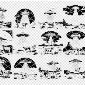 Alien UFO Abduction Printable Wall Art, Sci-Fi Decor, Digital Download, Black and White Illustration, Modern Art, Space Themed Art