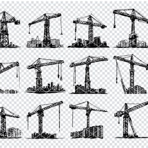 May include: A set of twelve black and white line drawings of construction cranes. The cranes are depicted in various positions, with some having their booms extended and others having them retracted. The cranes are all set against a background of buildings.