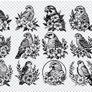 Stampa artistica digitale di Hawk and Flowers, illustrazione di uccelli selvatici, decorazione murale ispirata alla natura, opera d'arte in bianco e nero stampabile