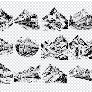 Puede incluir: Un conjunto de diez ilustraciones en blanco y negro que representan un tren viajando a través de una cordillera. El tren se representa en varias posiciones y ángulos, con las montañas en el fondo. Las ilustraciones son perfectas para usar en una variedad de proyectos, como el scrapbooking, la creación de tarjetas y el diseño digital.